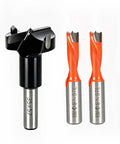 Tough As Nails Three Pc Hinge Boring Drill Bit Set With 1 3/8 RH Forstner And Two 5/8 LH Brad Point Bits For Cabinet Hardware Zero Hassle Wood Drilling Heavy Duty Tungsten Carbide Blade showing a 1 3/8 Forstner bit and two 5/8 Brad Point bits.