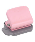 Pink six-hole metal paper punch, compact 90x65x60mm, for office and home, punches up to five sheets. Durable metal construction.
