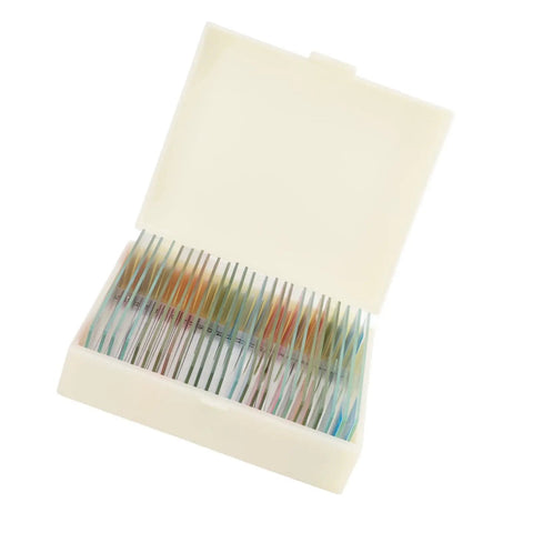Open box displaying Clear Glass Microscope Slides With 25 Prepared Specimens For High Definition Biology Study Easy To See Tissues