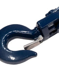 Heavy Duty Snatch Block With Hook, 3 Ton Working Load Limit, Three Inch Sheave, Three Eighths Inch Wire Rope, Wrecker Roll Back Recovery Gear, Steel Construction, Blue Powder Coat Finish, close-up hook