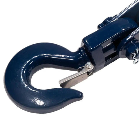 Heavy Duty Snatch Block With Hook, 3 Ton Working Load Limit, Three Inch Sheave, Three Eighths Inch Wire Rope, Wrecker Roll Back Recovery Gear, Steel Construction, Blue Powder Coat Finish, close-up hook