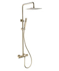 Slick Brushed Gold Thermostatic Shower System With Stable Flow Rainfall Head Wall Mounted Bathroom Faucet Set featuring handheld sprayer.