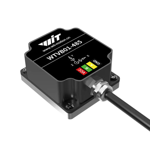 Beefed Up IP68 3 Axis Vibration Sensor With RS485 Modbus RTU for motor monitoring, showing cable and label details