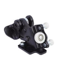 Sliding door hinge with black metal body and white rollers on mounting base