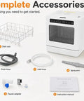 Top Notch No Sweat Countertop Mini Dishwasher With 800 Watt Motor And Six Point Eight Liter Tank Featuring 360 Degree Splash Spray Four Wash Cycles And Seventy Two Hour Fresh Keep Storage For Quick Daily Cleanup accessories including dish rack, hoses, spray arm, and instruction manual.