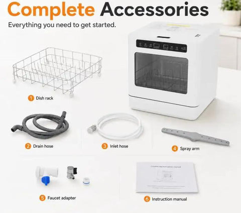 Top Notch No Sweat Countertop Mini Dishwasher With 800 Watt Motor And Six Point Eight Liter Tank Featuring 360 Degree Splash Spray Four Wash Cycles And Seventy Two Hour Fresh Keep Storage For Quick Daily Cleanup accessories including dish rack, hoses, spray arm, and instruction manual.