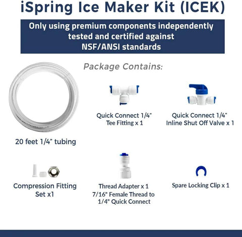 iSpring ICEK fridge water line kit: 20 ft 1/4 in tubing, quick-connect tee and inline shut-off valve