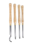 Premium 4 Piece Lathe Turning Tool Set For Woodworking Crafters Made From Heavy Duty Hard Alloy Steel, set of four carving tools.