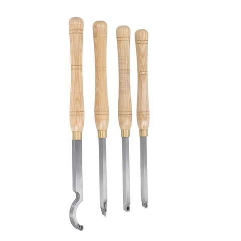 Premium 4 Piece Lathe Turning Tool Set For Woodworking Crafters Made From Heavy Duty Hard Alloy Steel, set of four carving tools.