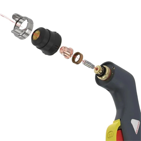 Top Tier 24Pc Plasma Cutter Consumable Kit For Cut-55Ds Pro And Cut-60Ds Pro showing metal nozzles and ceramic rings disassembled.
