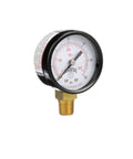 Winters 2-inch dial pressure gauge, front view, brass internals, steel case, bottom 1/4 in NPT, dual kPa/psi scales.