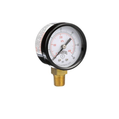 Winters 2-inch dial pressure gauge, front view, brass internals, steel case, bottom 1/4 in NPT, dual kPa/psi scales.