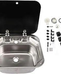 RV Kitchen Sink Set With Stainless Steel Basin, Tempered Glass Lid, Hand Wash Basin For Camper Trailer Caravan, Durable Washbasin With Drain And Installation Parts, Faucet Not Included, Ideal Kitchen Upgrade For Road Trips.