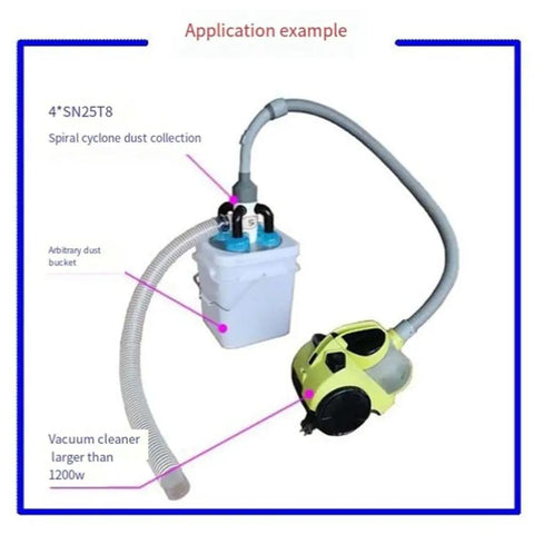 Cyclone Dust Collector For Vacuum Cleaners, Mini Yet Mighty Debris Separator attached to a vacuum with hoses