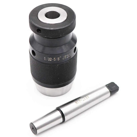 Heavy Duty Drill Press Chuck Kit With JT33 Mount And MT2 JT33 Arbor, Keyless Design, shown with steel arbor next to chuck.