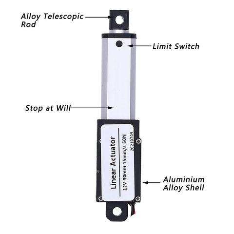 Compact 12V Mini Electric Linear Actuator with 30mm Stroke and 50N Lift featuring limit switch and aluminum alloy shell for automation projects.