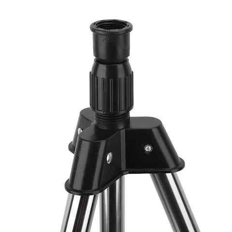 Close-up of stainless steel tripod sprinkler stand with adjustable height from 57.5 to 90 cm, G1/2 thread base, outdoor use.