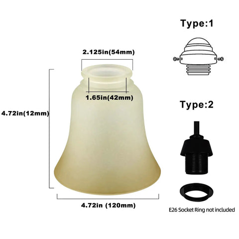 4 Pack Bell Shaped Glass Lampshades For Ceiling Fans And Light Fixtures, Vintage Farmhouse Tea Stain Glass, Dimensions and Fittings