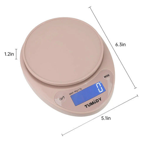 Pink Digital Kitchen Scale 11lb/5kg Capacity With 1g Precision, Large LCD Display, Compact Design With Measurements