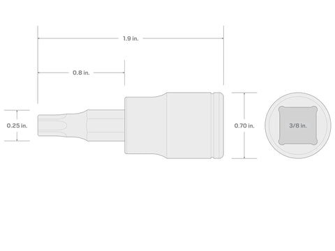 Technical drawing of Beefy 3/8 Inch Drive T30 Torx Bit Socket With S2 Steel Bit Press-Fit dimensions, side and front view.