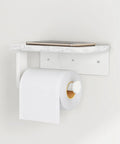 Toilet Paper Holder With Marble Shelf And 304 Stainless Steel Wall Mount For Bathroom White Sleek Modern Look Clean Washroom Vibe Easy Screw Mount Durable Bath Accessory displayed with toilet paper roll and smartphone.