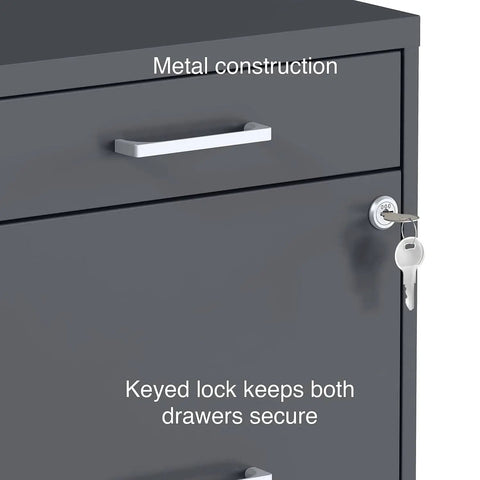 Close-up of a charcoal steel lockable drawer with key for Three Drawer Vertical File Cabinet for Office Lockable and Mobile Holds Letter Size Documents Charcoal Steel Organizer 18.9 Inches Deep by 14.3 Inches Wide by 26.8 Inches High A Trusted Workhorse for Papers and Folders.