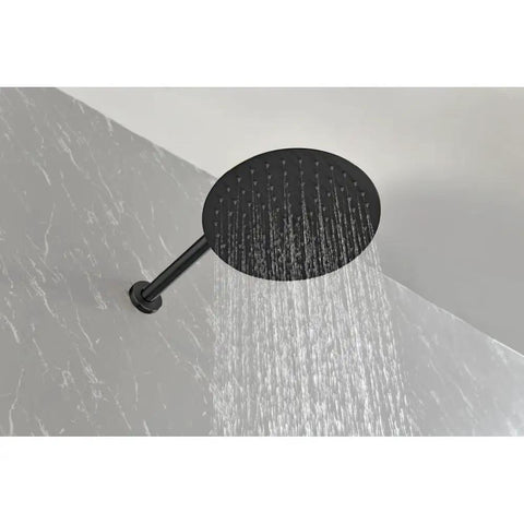 Shower System Matte Black 10-Inch High-Pressure Rain Head, water flowing in a rainfall pattern from a wall-mounted shower head.