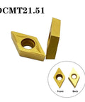 Diamond-shaped carbide turning inserts with center hole, front and back views, gold-coated (2 pcs)