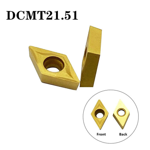Diamond-shaped carbide turning inserts with center hole, front and back views, gold-coated (2 pcs)