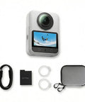 8K Panoramic 360 Camera For Vlogs And Adventure Shots With 1 Inch Sensor Equivalent 100MP shown with accessories