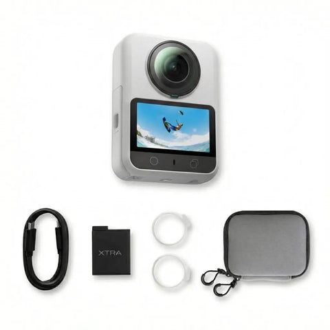 8K Panoramic 360 Camera For Vlogs And Adventure Shots With 1 Inch Sensor Equivalent 100MP shown with accessories