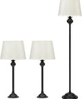 Traditional 3-Piece Floor And Table Lamp Set In Black Metal With Linen Shades, Includes 59-Inch Floor Lamp And Two 24-Inch Table Lamps