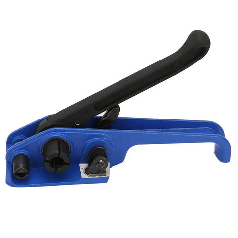 Blue Manual Steel Strap Tensioner Crimper Tool Set For Packing And Shipping with easy grip handle on white background