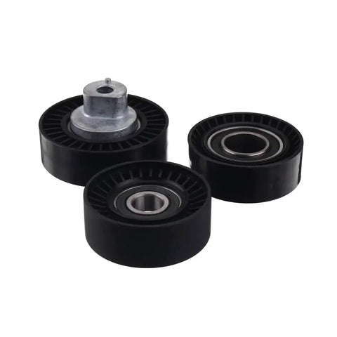 Premium Engine Timing Belt Tensioner Pulley Kit For Bmw E46 E39 E38 X5 E53 Z3 E36 Upgrading Your Ride With Reliable Auto Parts That Keep Your Beast Running Smooth And Strong., three black bearing pulleys shown on white background