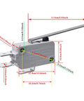 Image of a Six Pack Lead Limit Switch with long straight hinge lever, SPDT 3 pin snap action, KW3A 16A 125 250 Volt AC, with dimensions labels.