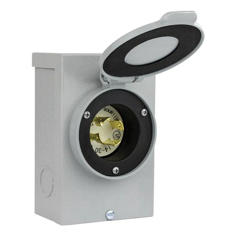 30 Amp NEMA 3R Generator Power Inlet Box For Outdoor Use Hookup Up To 7,500 Running Watts, Weatherproof Powder Coated Steel, Gray
