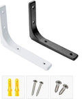 Built Like A Tank Heavy Duty Steel Shelf Brackets With Rock Solid Holding Power For Your Floating Shelves And Wall Corner Displays, No Sweat Setup, Dope White Finish, 75Mm Size, 2 Pack Kit - Black and white shelf brackets with mounting hardware.