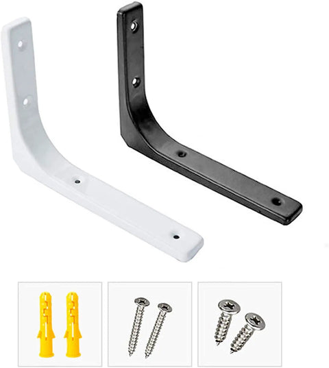 Built Like A Tank Heavy Duty Steel Shelf Brackets With Rock Solid Holding Power For Your Floating Shelves And Wall Corner Displays, No Sweat Setup, Dope White Finish, 75Mm Size, 2 Pack Kit - Black and white shelf brackets with mounting hardware.