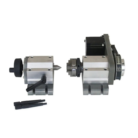 Built Tough Nema23 Stepper Motor With Fourth Axis Rotary Setup For CNC Wood Routers Featuring 3 Jaw Chuck And Quiet Tailstock