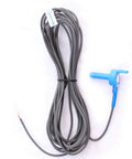 Optimum Pool Technologies temperature sensor replacement cable, front view; gray wires, blue sensor head, 2-inch pipe clamp