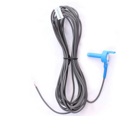 Optimum Pool Technologies temperature sensor replacement cable, front view; gray wires, blue sensor head, 2-inch pipe clamp