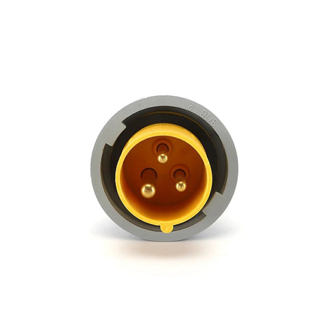 Industrial Waterproof And Dustproof Aviation Socket Three Core Power Connector 16A Or 32A, Weatherproof Electrical Socket For Heavy Duty Equipment, Outdoor Ready, Built Tough And Reliable. front view, three-pin gray and yellow connector