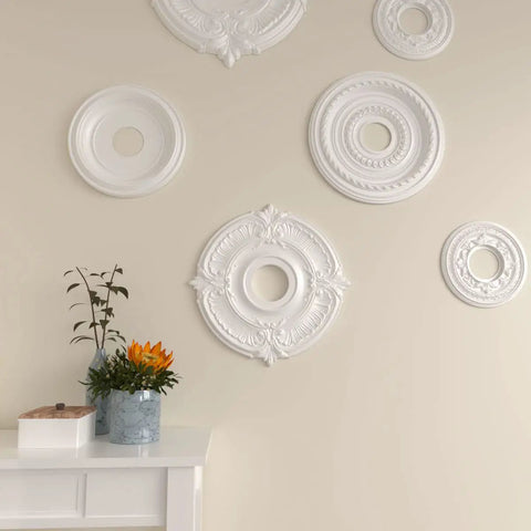 Dope Ceiling Medallion 18 Inch Outer Diameter 4 Inch Inner Diameter Five Eighths Inch Projection displayed on beige wall.