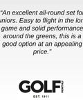 Quote from Golf Monthly about junior golf set for ages 10 to 12, highlighting quality and value; logo at the bottom.