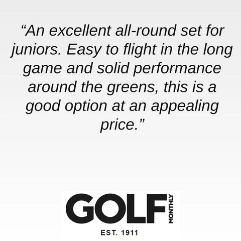 Quote from Golf Monthly about junior golf set for ages 10 to 12, highlighting quality and value; logo at the bottom.