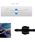 BBTUS PA66 automotive spring check valve, high-temp, corrosion resistant; sizes 1/8–5/16 in; shown with blue hose.