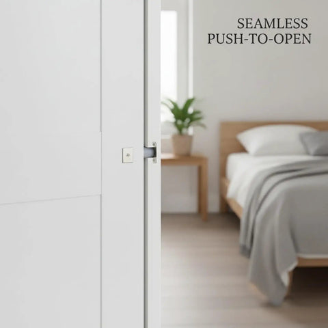 Push To Open Cabinet Latch Low Profile Gray Handleless Door Catch on bedroom door, hidden spring mechanism visible