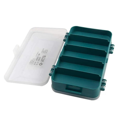 Double-Side Hardware Box Storage Organizer With 13 Compartments, Perfect For Screws Nuts Bolts Tools Tackle And Parts, Rugged Plastic Case With Transparent Lid, Green Color, Portable, Tough-As-Nails Organizer Tray open with 5 visible compartments.