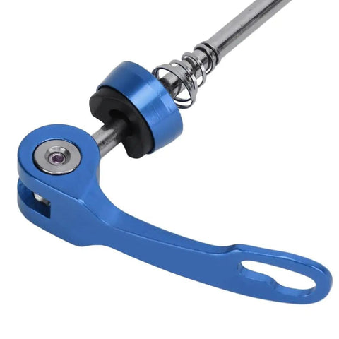 Close-up of blue quick release skewer from 2 Pack Aluminum Alloy Bicycle Quick Release Skewers For Front 100mm And Rear 135mm Axles Red Color.