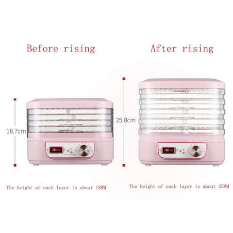 Five Layer Electric Food Dehydrator With Adjustable Shelves For Home Fruit Vegetable And Meat Jerky Drying Countertop Appliance showing height adjustments.
